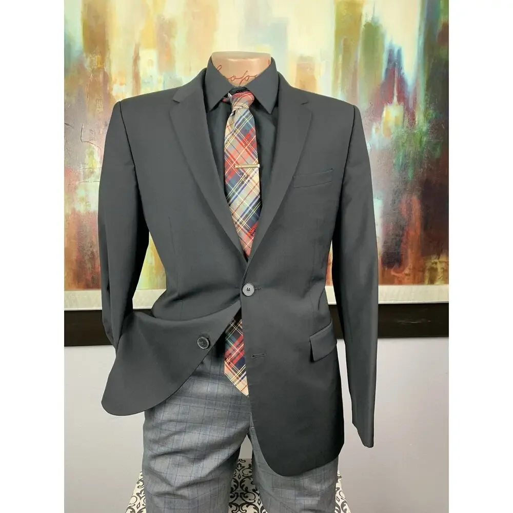 Hugo Boss Mens Super 100s Black Basket Weave Blazer 40R Slim Fit